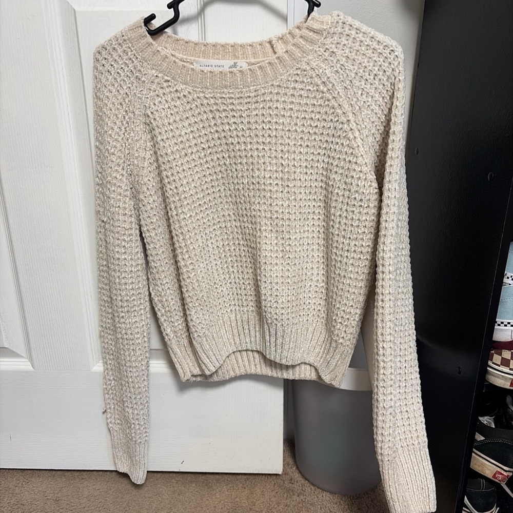 Altar'd State Cream Waffle Knit Crewneck Sweater
